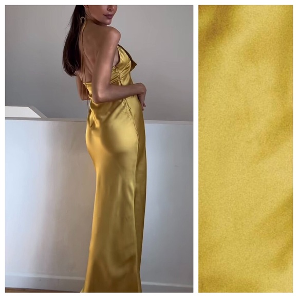 NWT. Zara Olive Green Satin Effect Long Dress with Embossed Flower. Size XS. - Picture 7 of 13